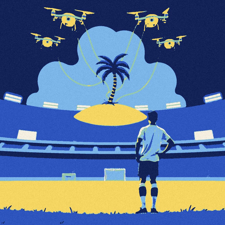 A small palm-tree island sits on a football pitch, circled by four drones whose ribbons tangle into a knot, while a distant footballer in a white shirt watches from behind.