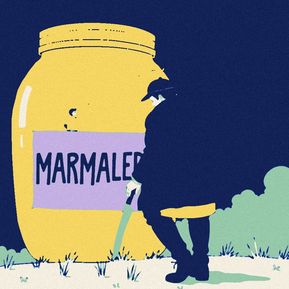 A figure in a black padded coat, seen from behind on a dugout seat, peers sceptically at an oversized marmalade jar holding one lonely slice of peel.