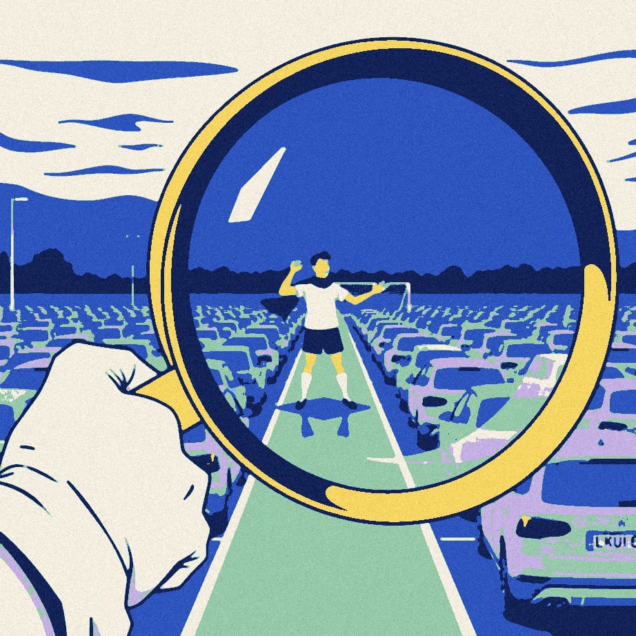 A small supporter with an oversized magnifying glass searches a vast car park, finding identical white-shirted footballers hiding behind cars everywhere.