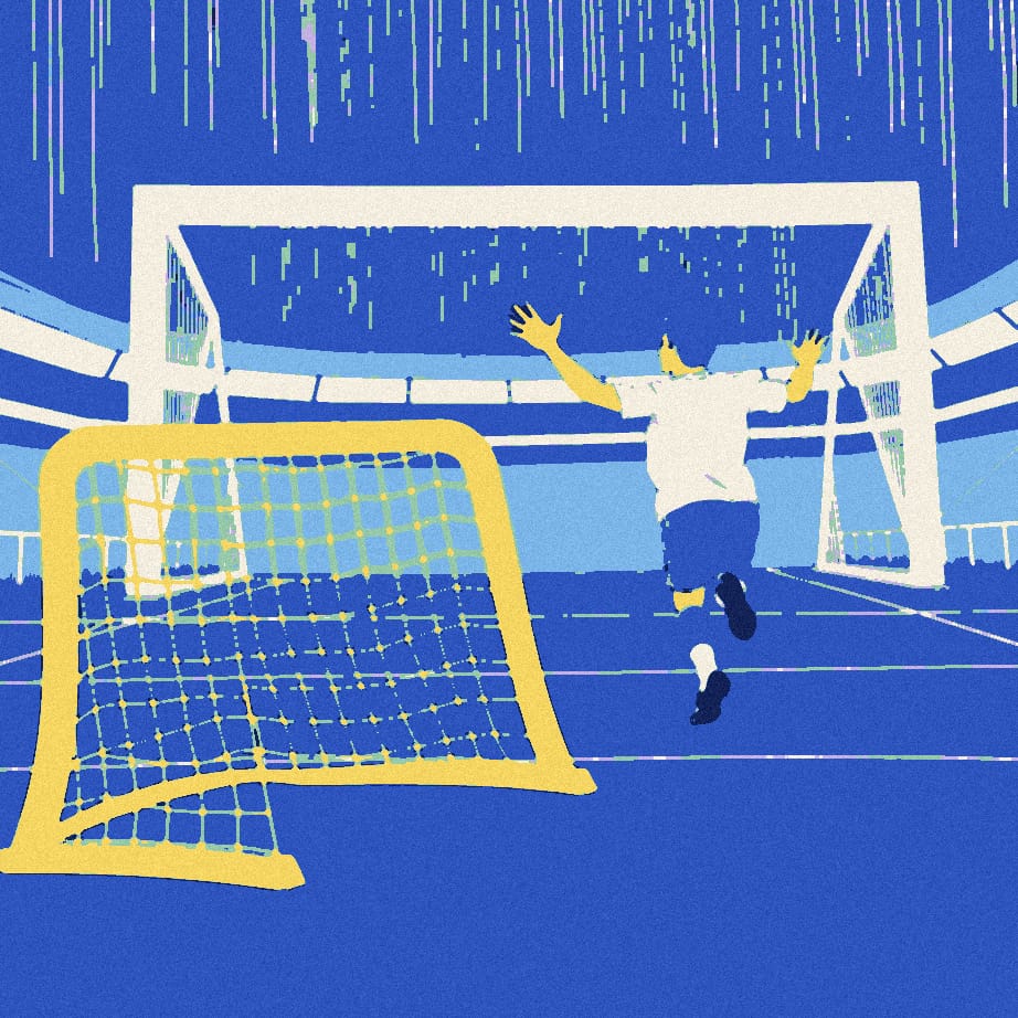 A supporter seen from behind stands proudly beside a child's pop-up goal outside dark stadium gates while a faceless white-shirted player celebrates in the rain.