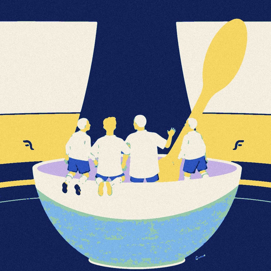 Four faceless footballers in plain white shirts huddle around a giant cereal bowl on a pitch, with a spoon propped against it.