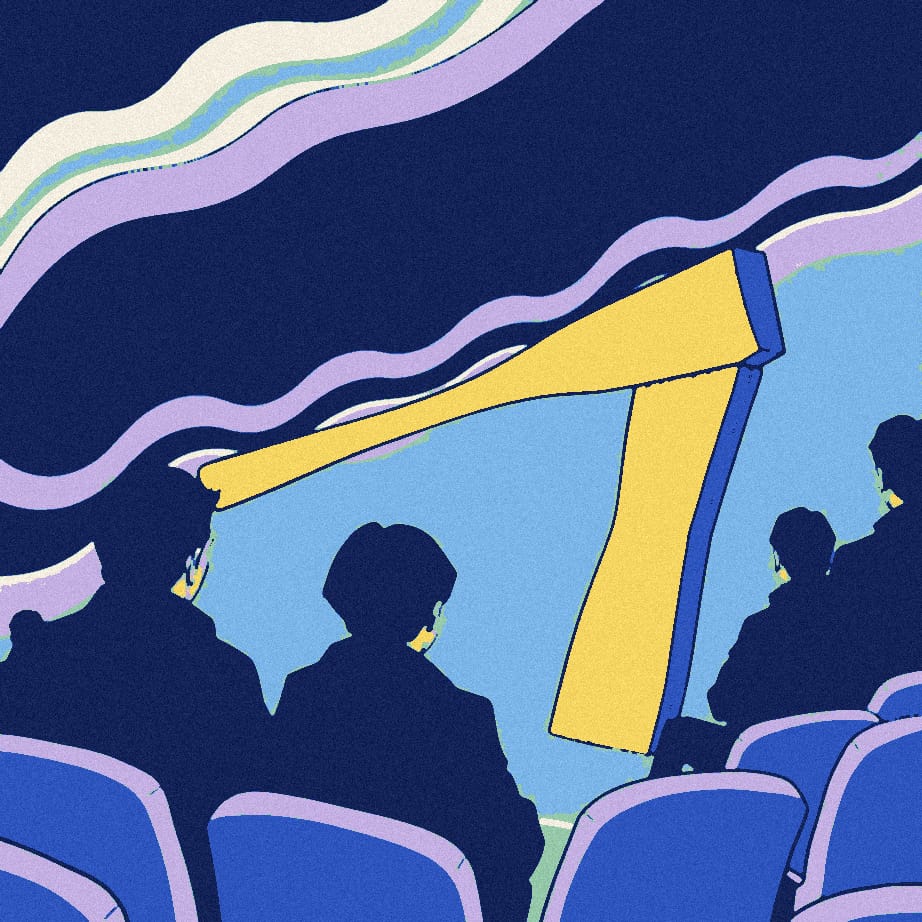 An enormous mallet drives a giant stake into a stadium seat row at the edge of a ledge, while a few silhouetted spectators in dark coats look on tensely.