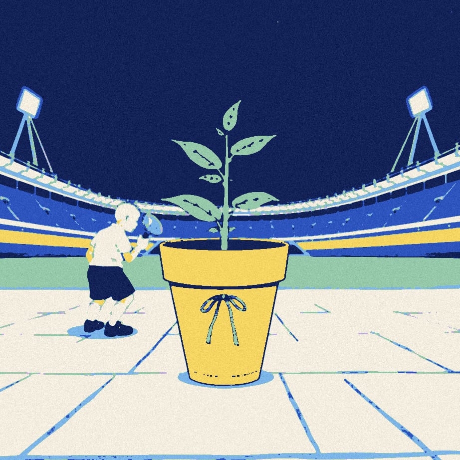 A small anonymous figure in a white shirt crouches on a pavement outside a night-time stadium and studies an oversized seedling in a pot with a magnifying glass.