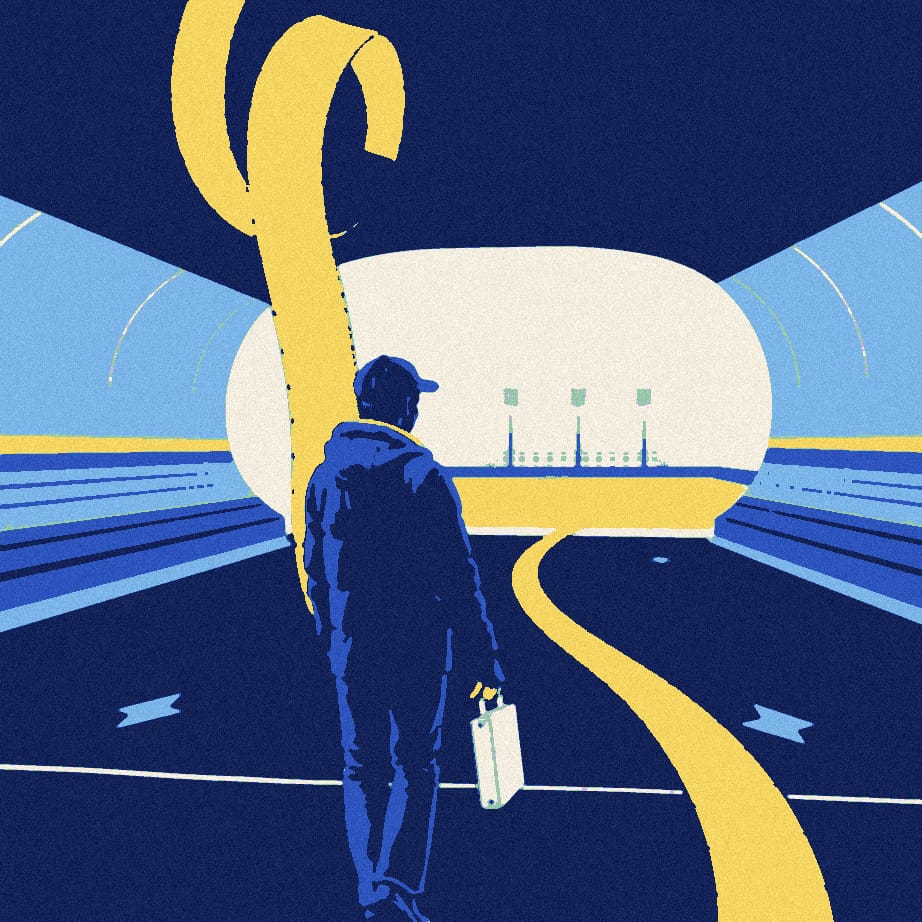 A figure in a padded coat, seen from behind, walks along an absurdly long tape measure unrolled from a stadium tunnel.