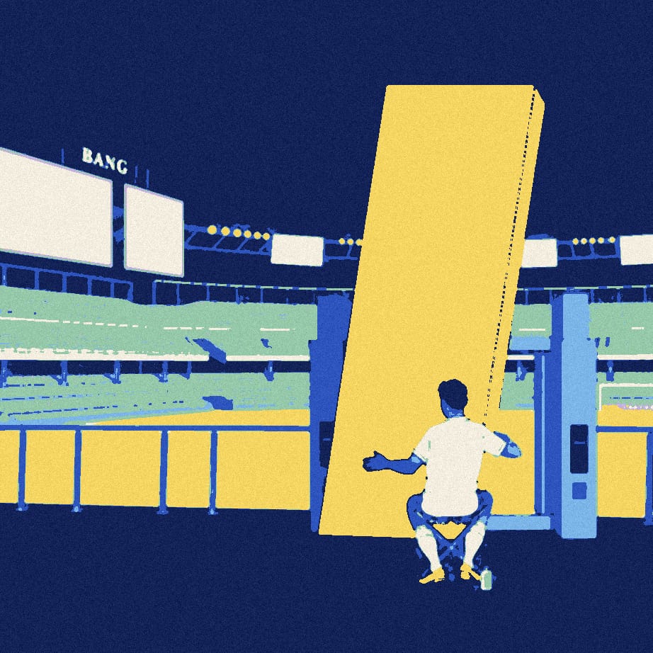 A small fan in a white shirt sits on a stool from behind outside a stadium turnstile, dwarfed by a giant card-shaped slab.