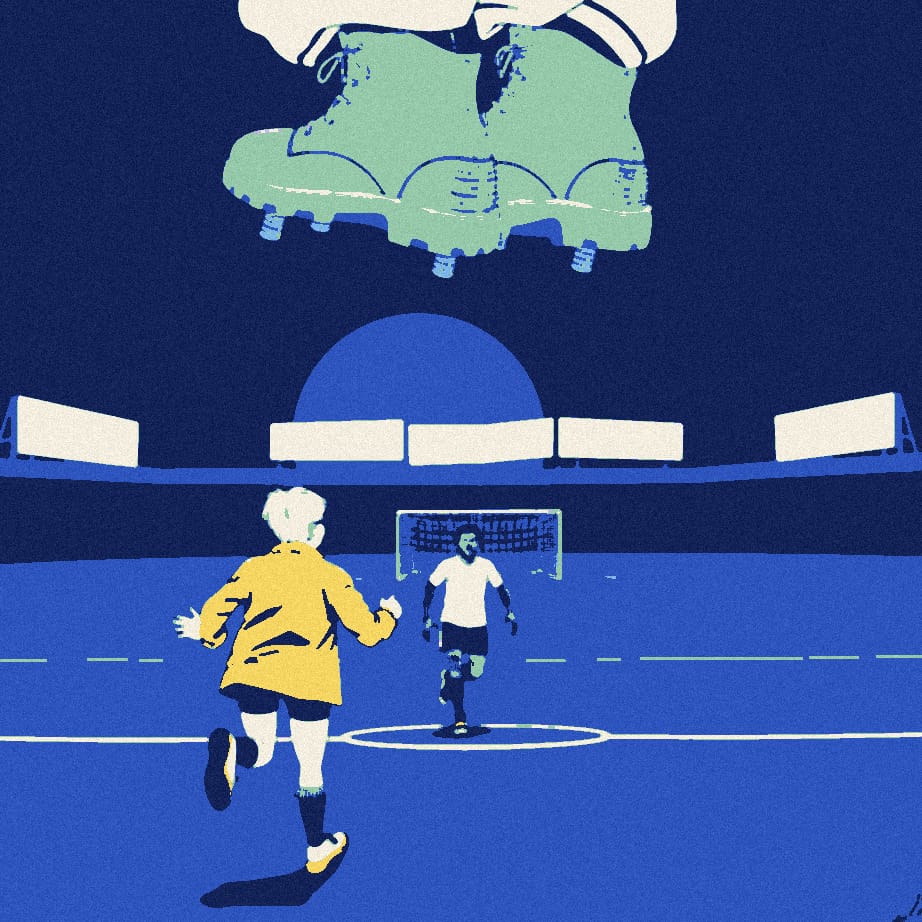 A small fan seen from behind trots onto a night pitch beneath a giant pair of springy boots, chasing a silhouetted dancing player in white.