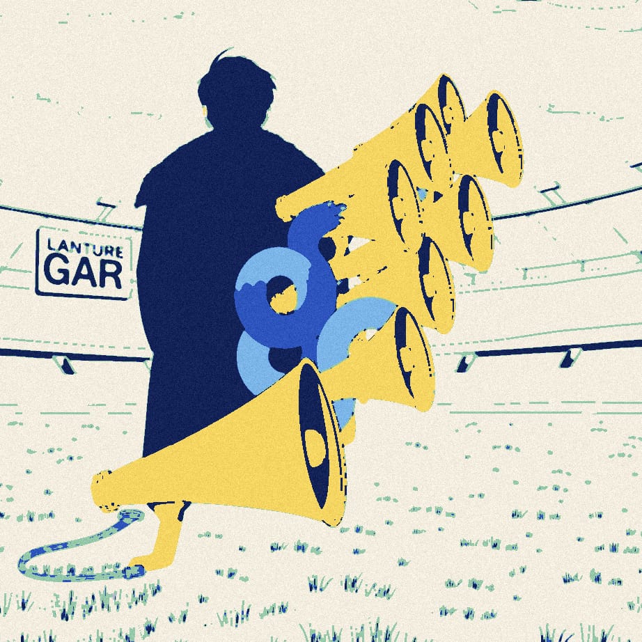 A coated figure seen from behind stands before a rising pyramid of ever-larger megaphones on a sunny football pitch.