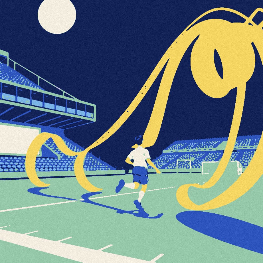 A tiny anonymous footballer in white sprints along a huge unspooling tape measure while five megaphones each stretch the distance further.