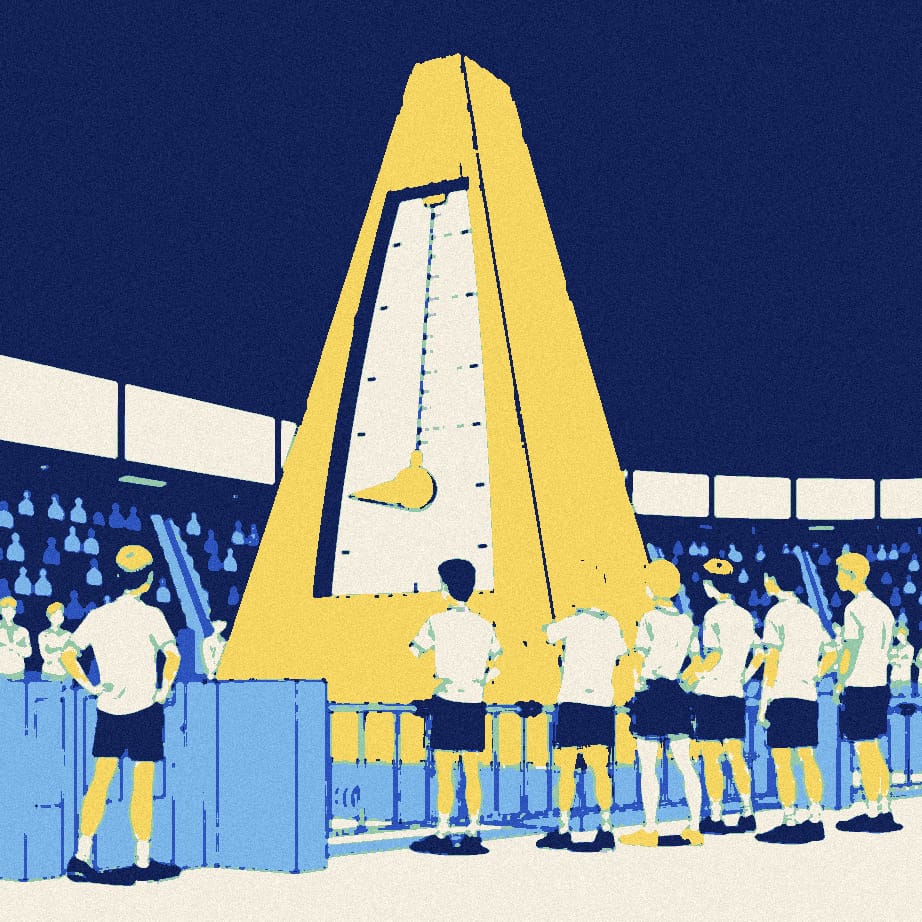 A huge wooden metronome ticks beside a stadium gate while a small huddle of faceless fans in white shirts watch it at night.