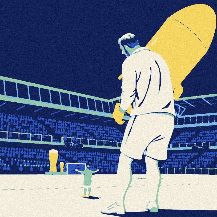 An anonymous goalkeeper seen from behind leans aside as a giant bullet whistles past in a dark stadium, while tiny fans on the top deck huddle round an oversized pint glass.