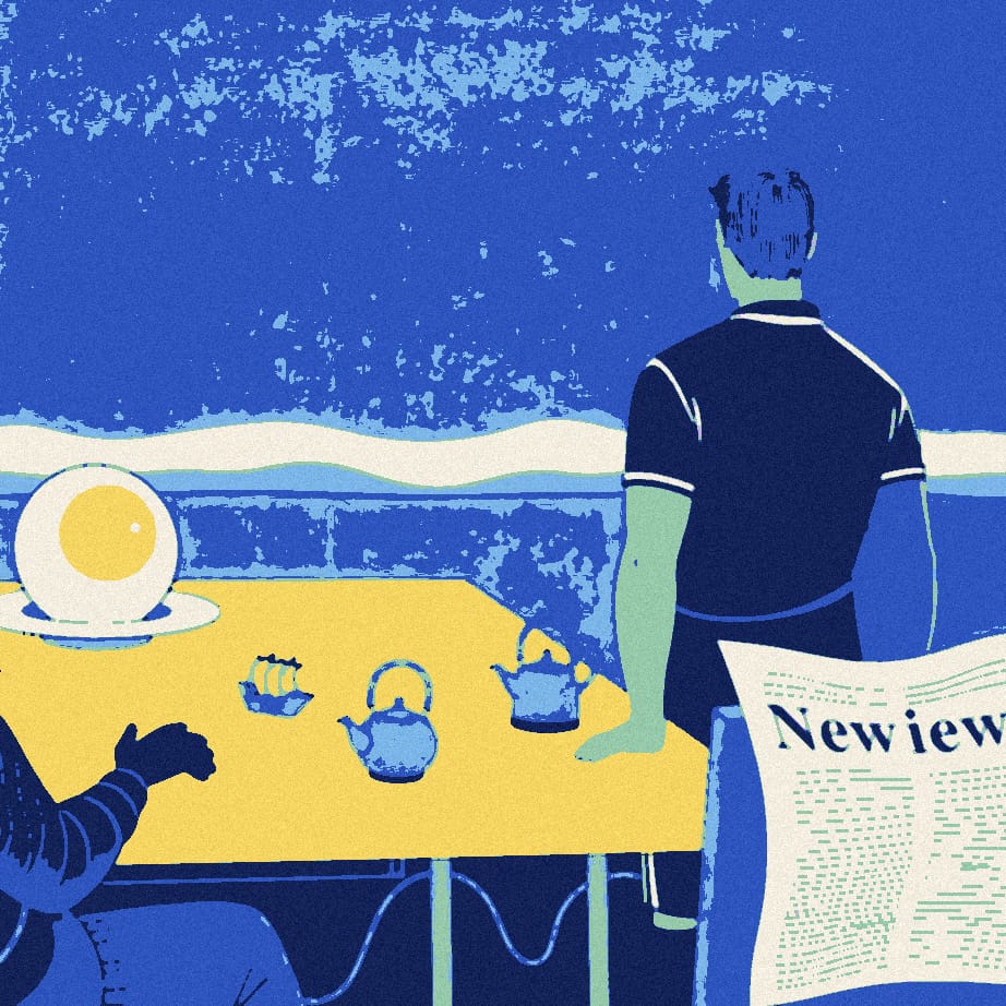 An oversized fried egg is passed along a breakfast table of teapots and toast racks toward a tiny raiding ship, with a faceless footballer in the dim background.