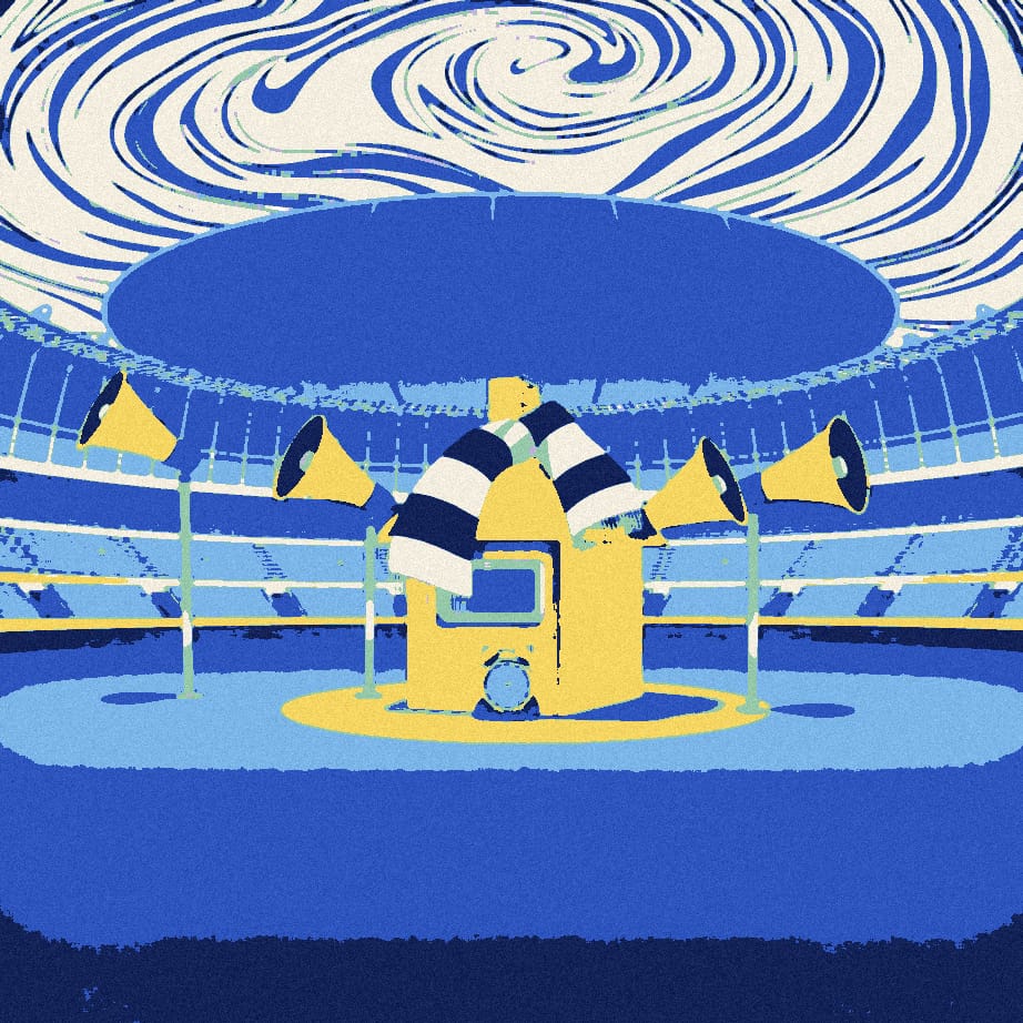 A tiny house wearing a scarf stands in a vast empty stadium plaza, surrounded by five giant megaphones and a ringing alarm clock.
