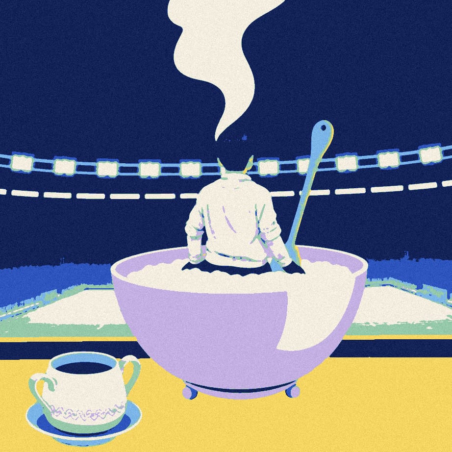 A tiny footballer seen from behind stands beside an enormous steaming bowl of porridge with a spoon upright in it, in front of a dark, empty floodlit stadium.