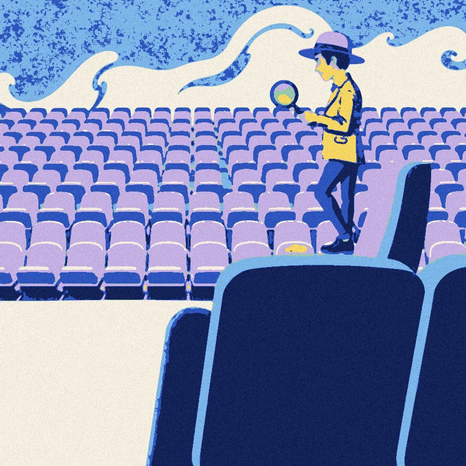 A tiny figure on a giant stadium seat examines a single coin through a huge magnifying glass above a small heap of coins.