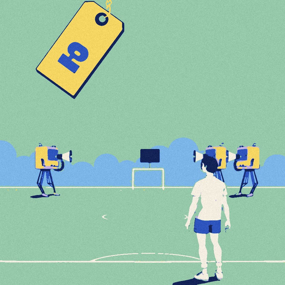A huge wrecking-ball price tag hangs over a training pitch while four small towers with megaphones face a lone defender seen from behind.