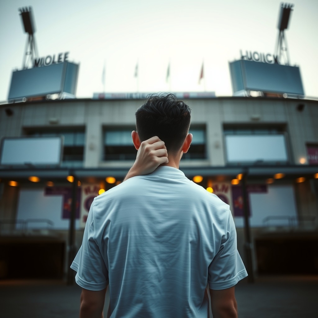 A supporter in a plain white shirt, seen from behind, waits at the closed gates of a stadium at dusk.