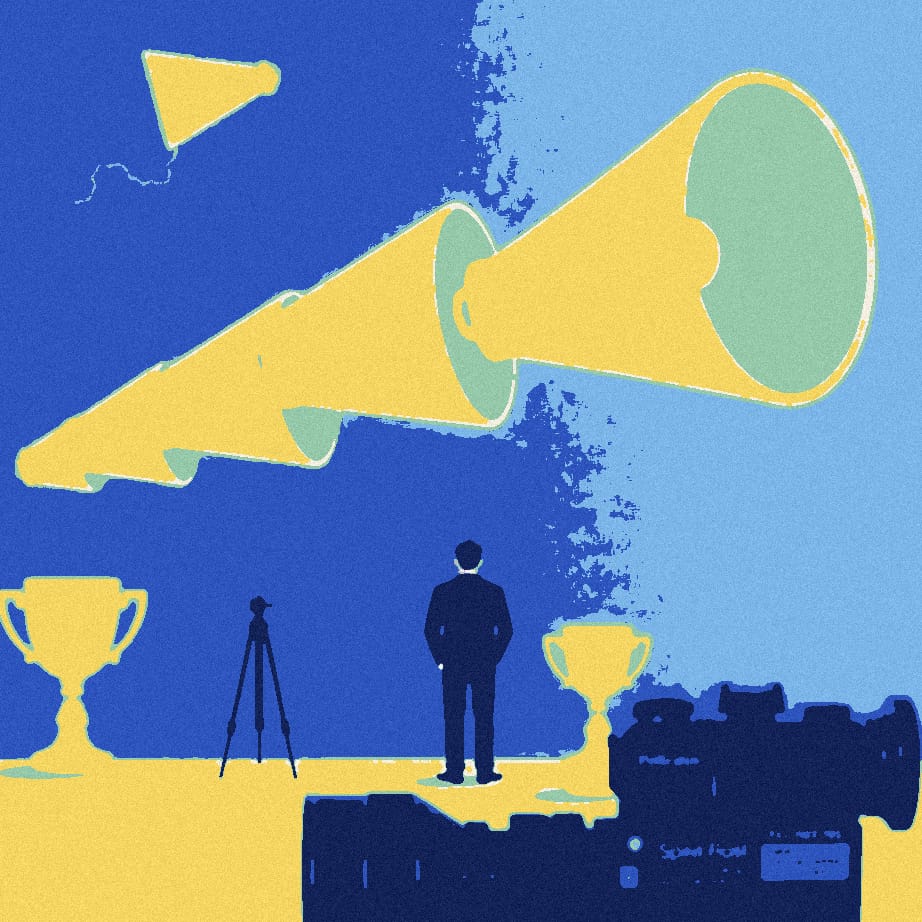 Five megaphones in a row grow steadily larger beside a faceless blazered figure, a trophy and a blurred camera.