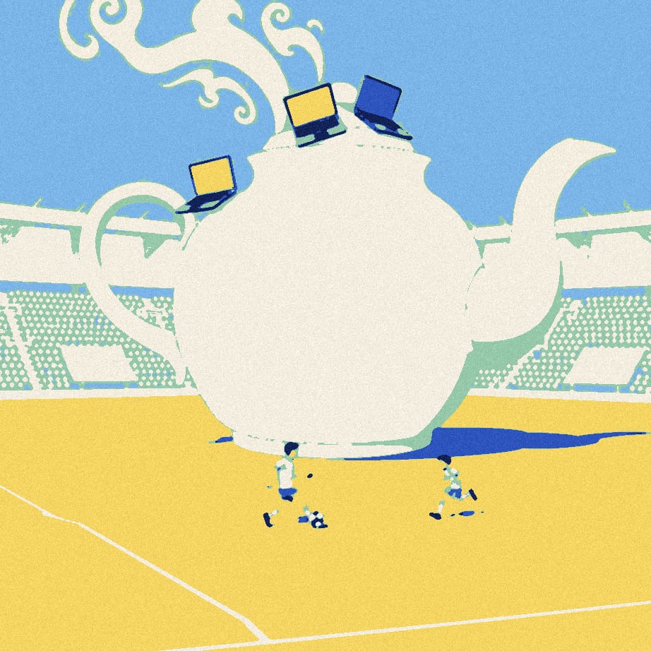 A huge teapot looms over a pitch while a tiny anonymous player dribbles a ball past, watched by three small laptops on its rim.