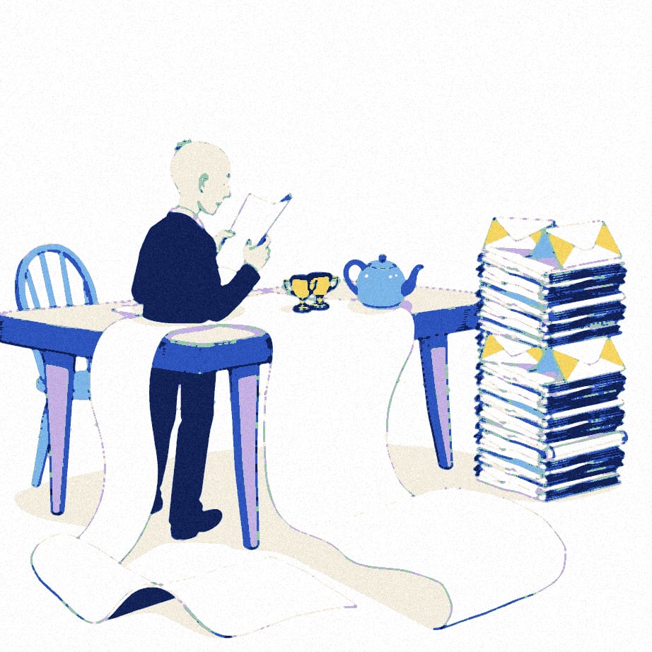 A tiny figure seen from behind reads from a giant blank scroll at a very long kitchen table, with gavels and stacked envelopes multiplying around them.