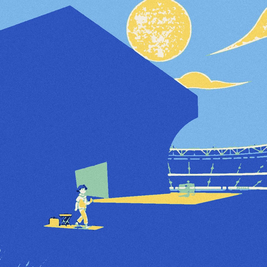 A tiny supporter with a flask and stool walks towards a huge, empty, locked building while a lit stadium glows far away in the background.